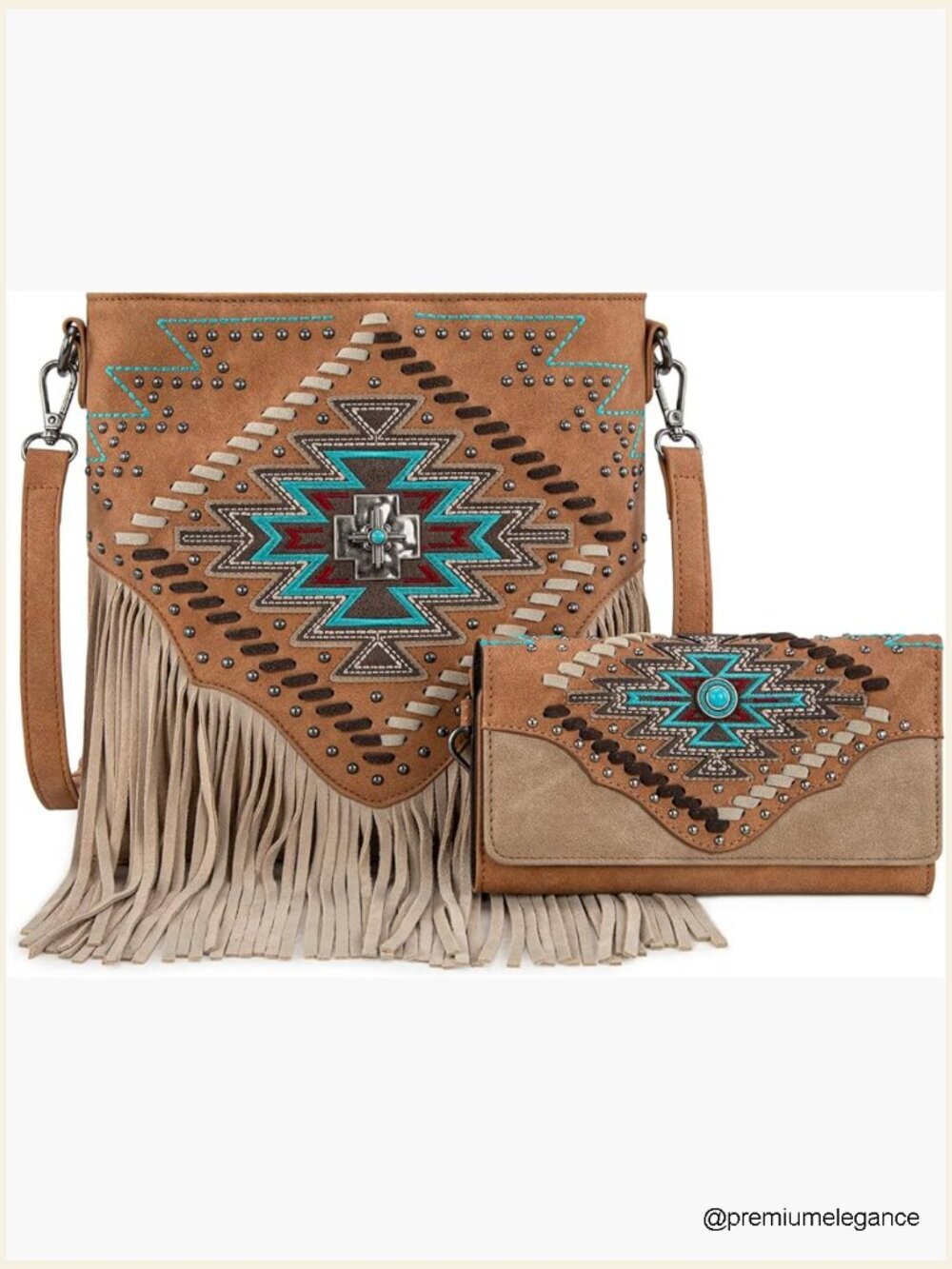 Western Aztec Fringe Crossbody Bag with Wallet Set